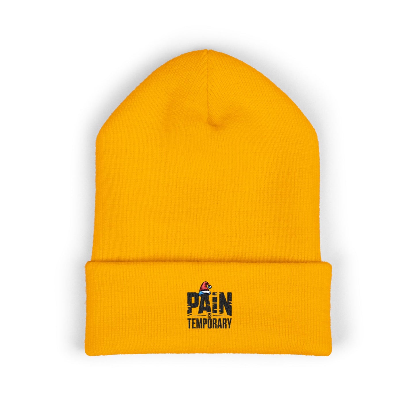 Pain Is Temporary - Embroidered Cuffed Beanie — Motivational Knit Hat