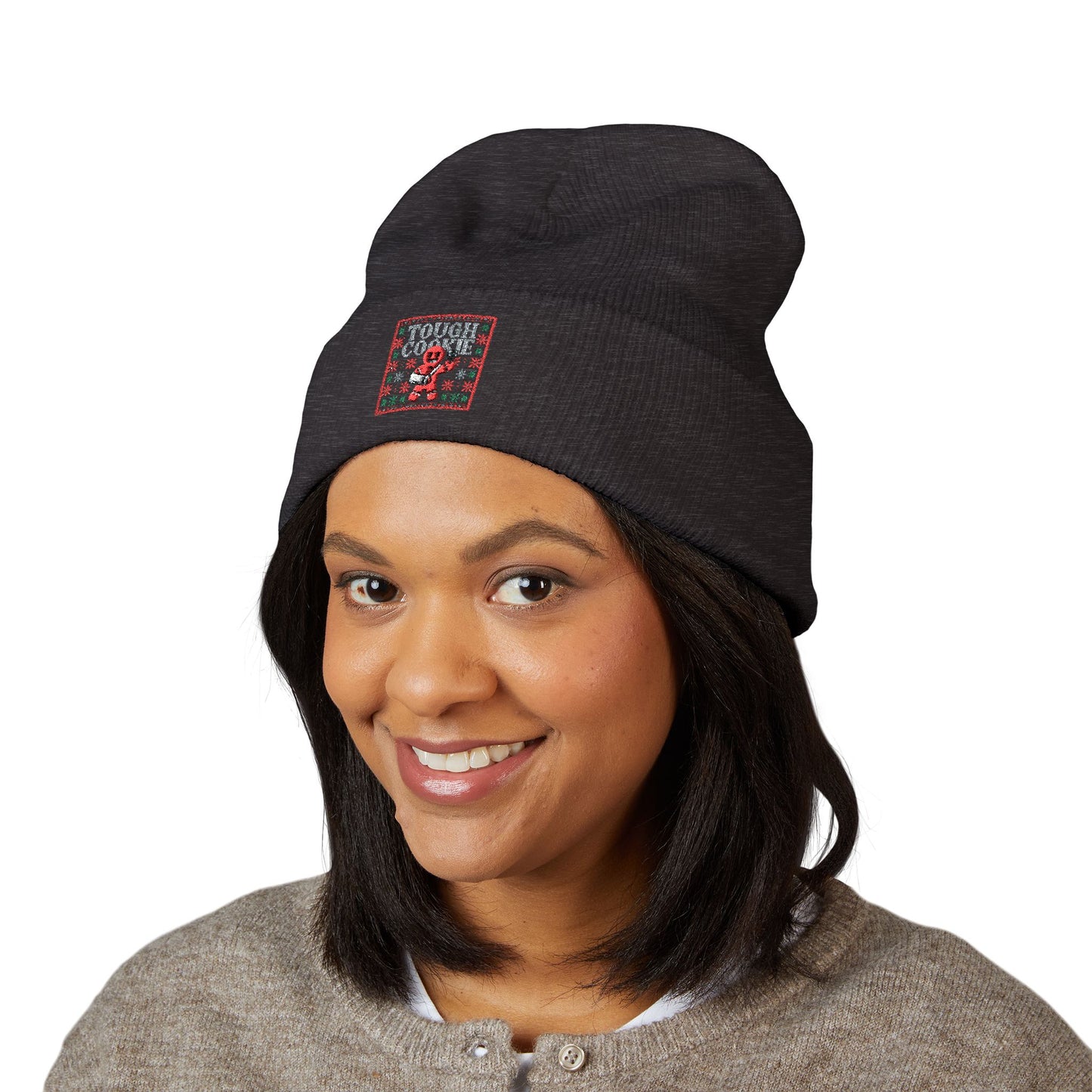 Tough Cookie - Embroidered Cuffed Beanie — Motivational Knit Hat