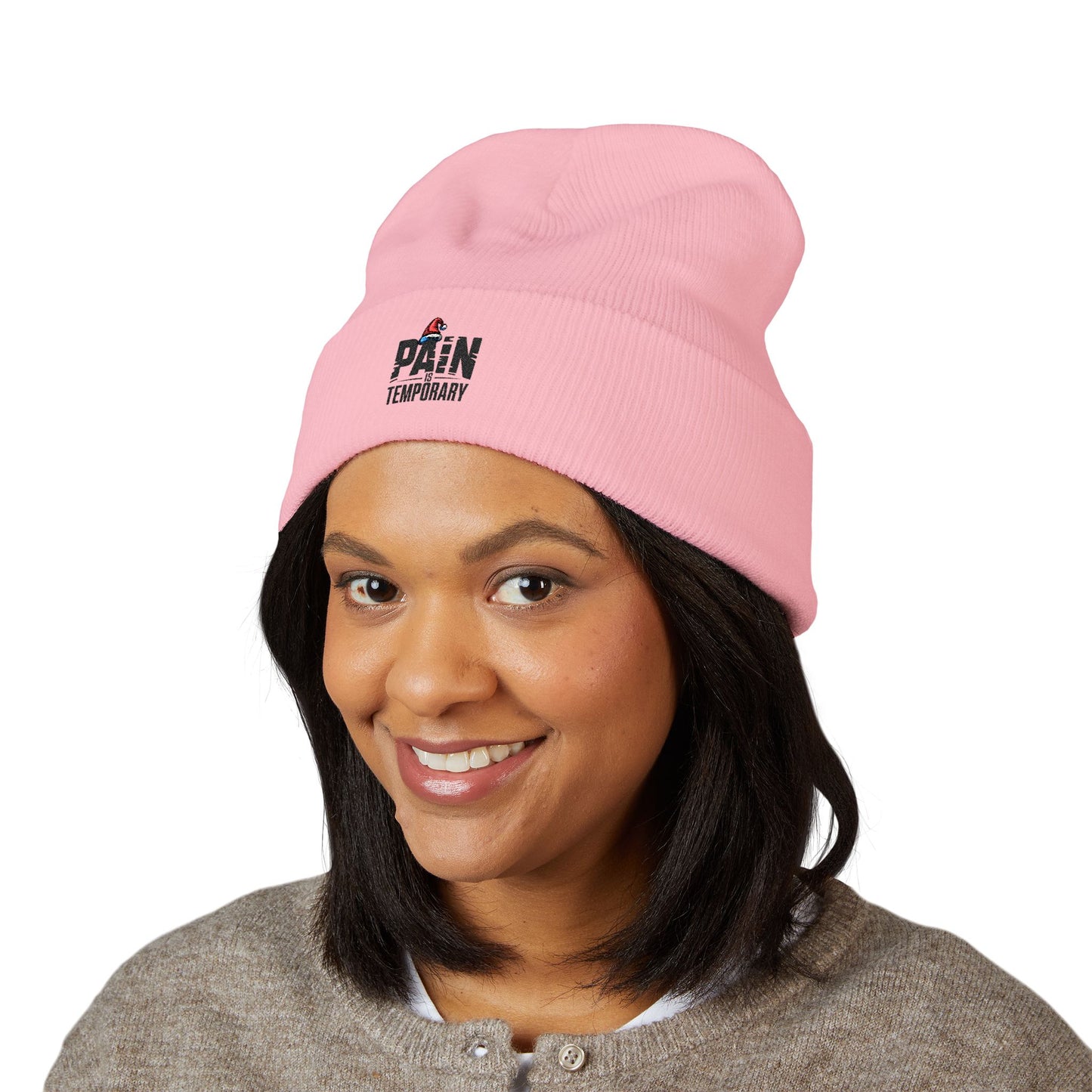 Pain Is Temporary - Embroidered Cuffed Beanie — Motivational Knit Hat