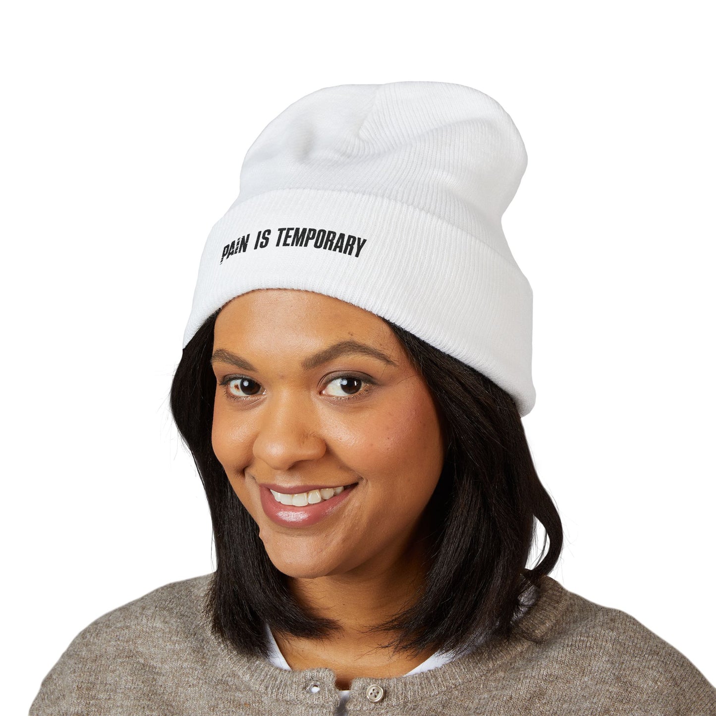 Pain Is Temporary - Embroidered Cuffed Beanie — Motivational Knit Hat