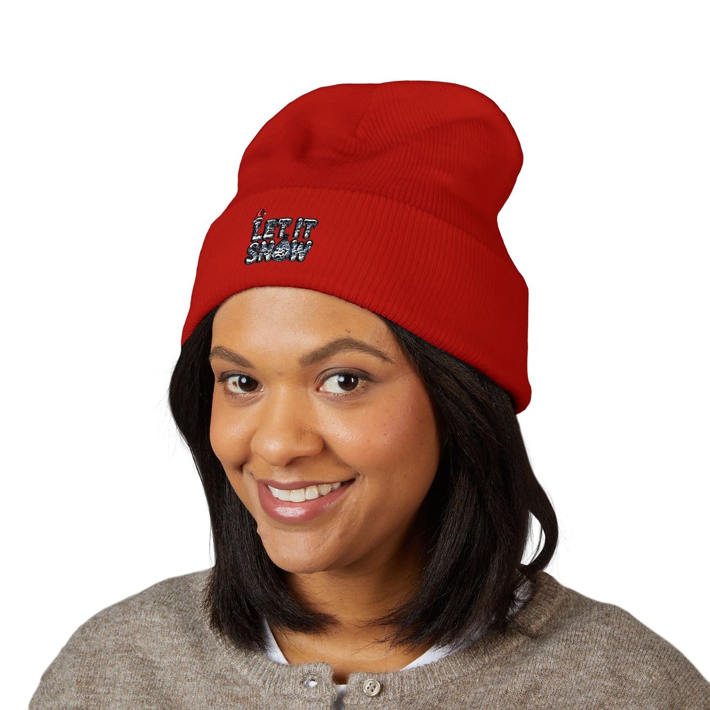 Let it Snow - Embroidered Cuffed Beanie — Motivational Knit Hat