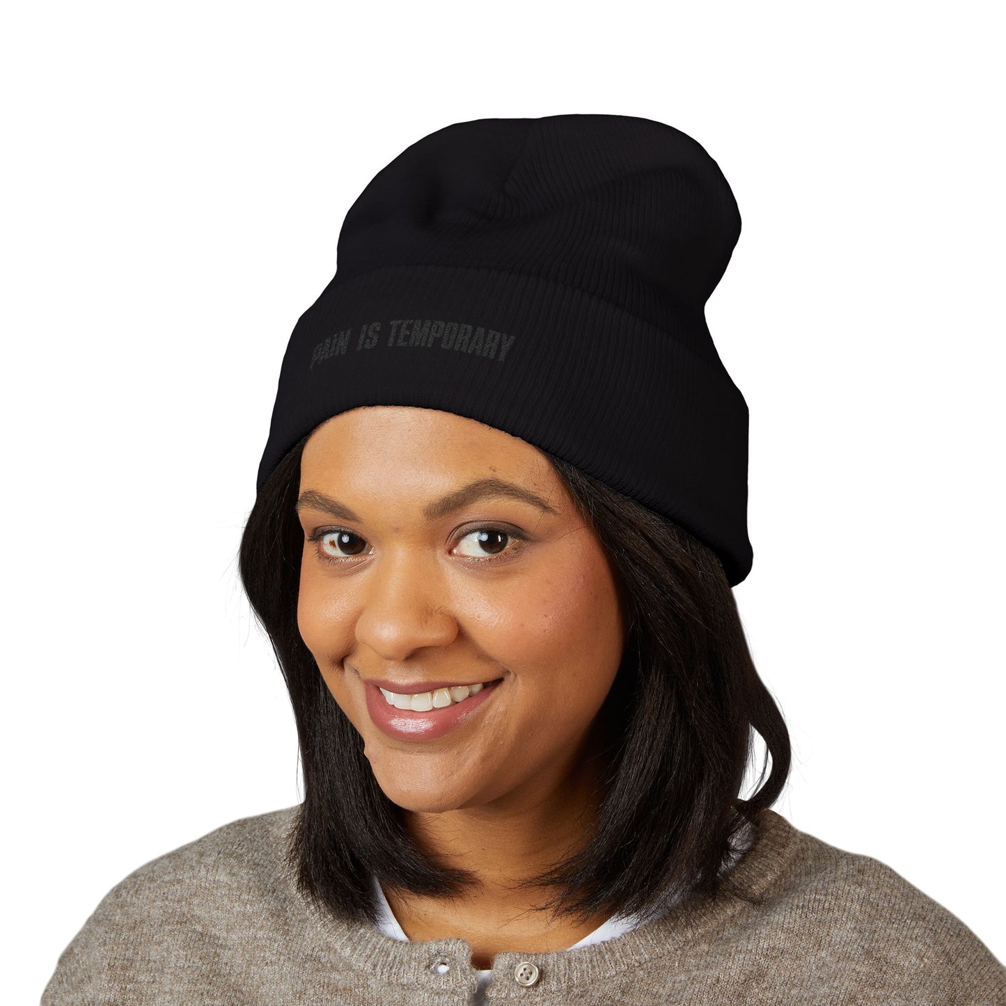 Pain Is Temporary - Embroidered Cuffed Beanie — Motivational Knit Hat